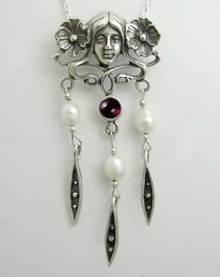 Sterling Silver Woman Maiden of the Garden Necklace With Garnet And Cultured Freshwater Pearl